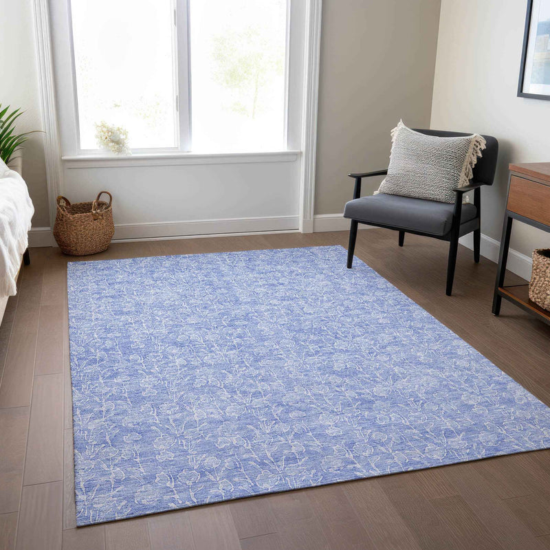 3' X 5' Denim Blue And Ivory Floral Washable Indoor Outdoor Area Rug