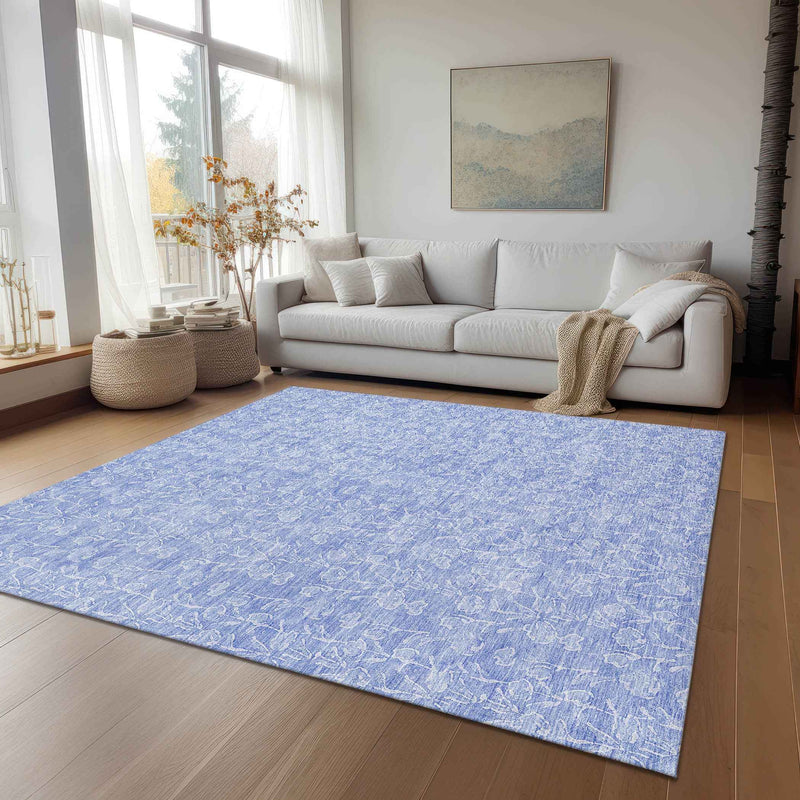 3' X 5' Denim Blue And Ivory Floral Washable Indoor Outdoor Area Rug