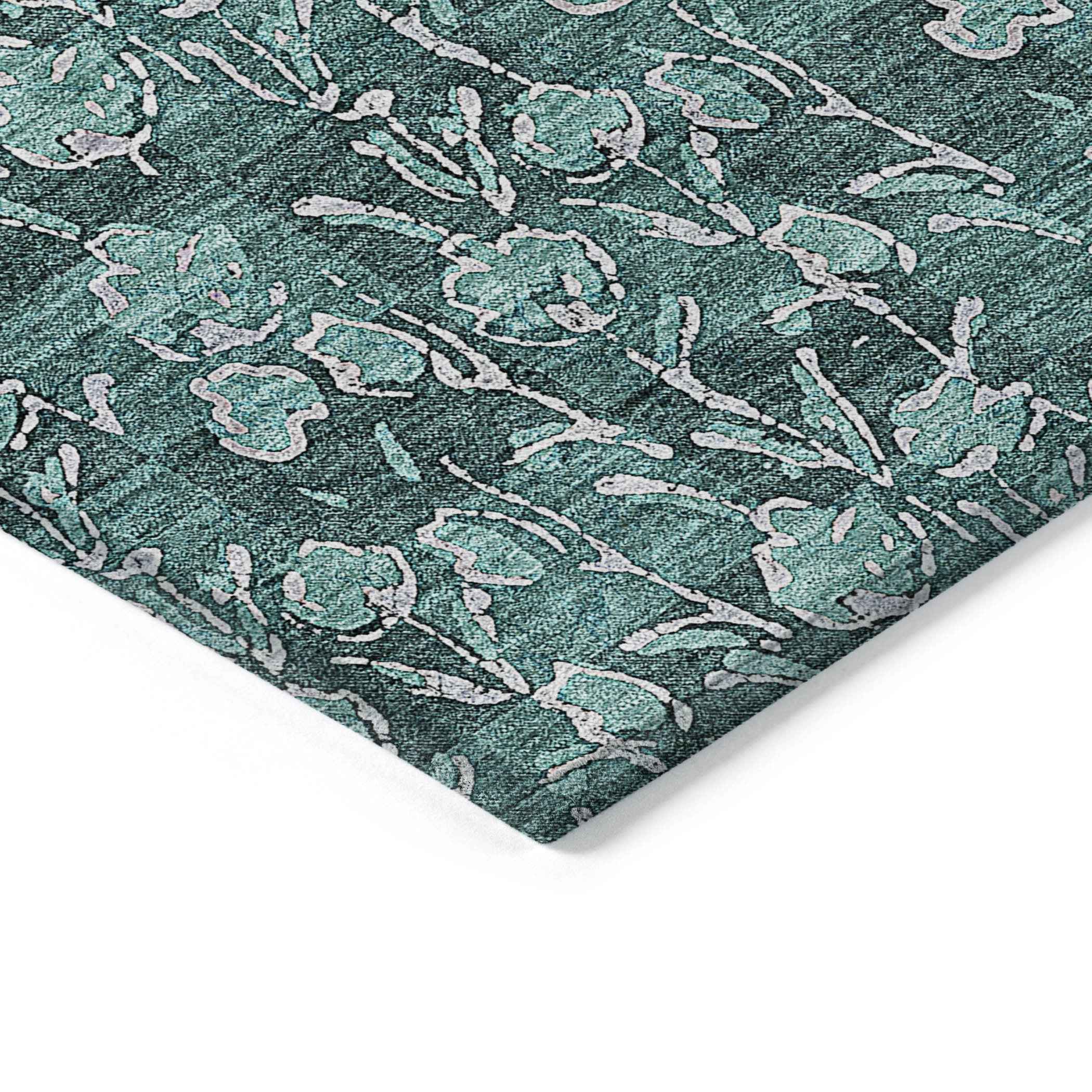 9' X 12' Teal Blue Aqua And Ivory Floral Washable Indoor Outdoor Area Rug