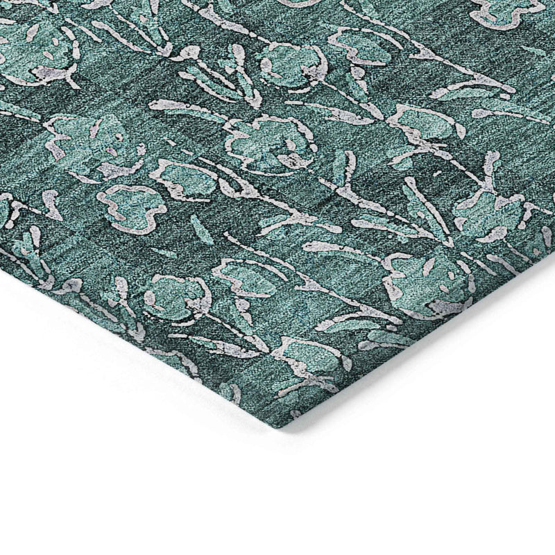 9' X 12' Teal Blue Aqua And Ivory Floral Washable Indoor Outdoor Area Rug