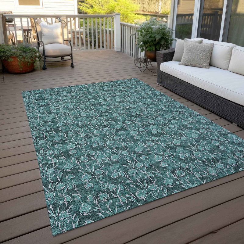 9' X 12' Teal Blue Aqua And Ivory Floral Washable Indoor Outdoor Area Rug