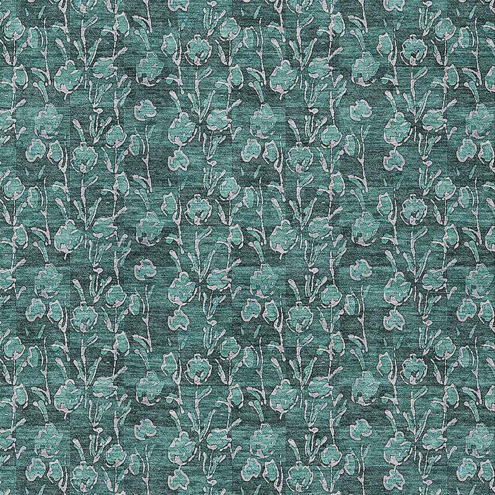 9' X 12' Teal Blue Aqua And Ivory Floral Washable Indoor Outdoor Area Rug
