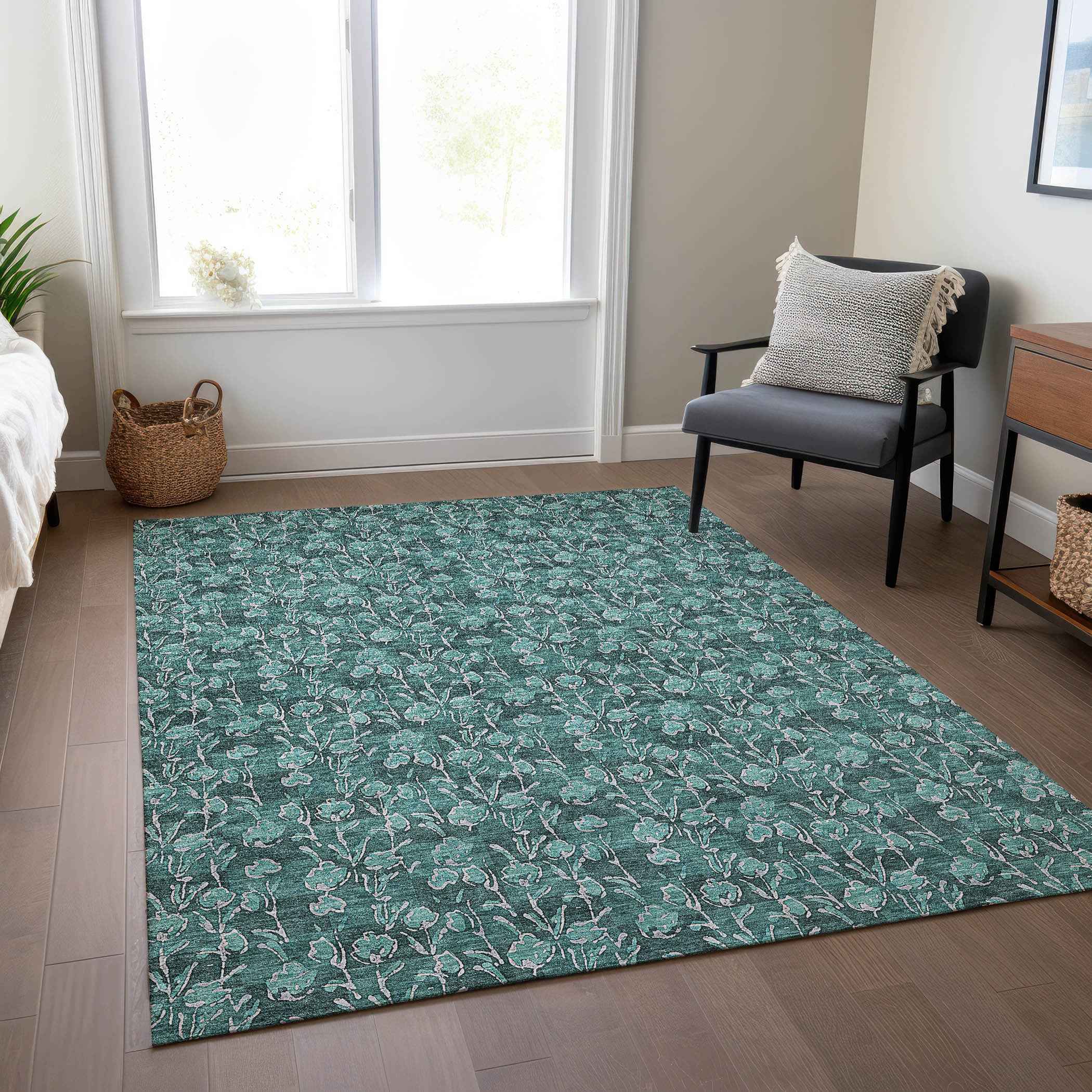 9' X 12' Teal Blue Aqua And Ivory Floral Washable Indoor Outdoor Area Rug