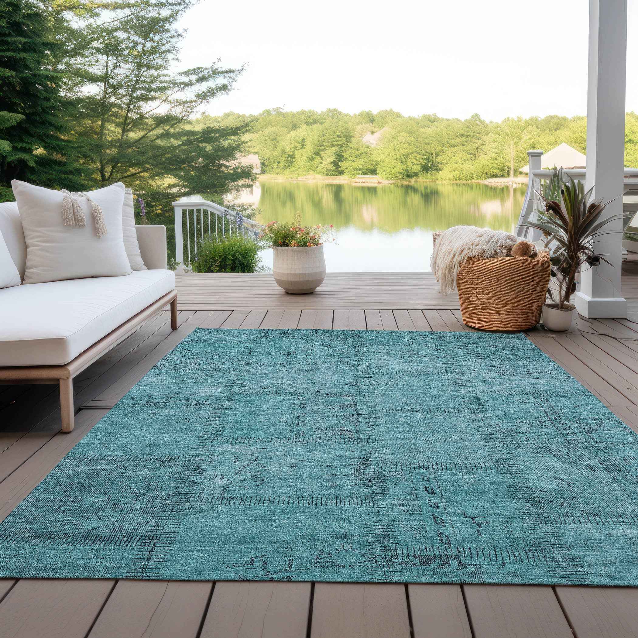 9' X 12' Teal Blue And Aqua Patchwork Washable Indoor Outdoor Area Rug