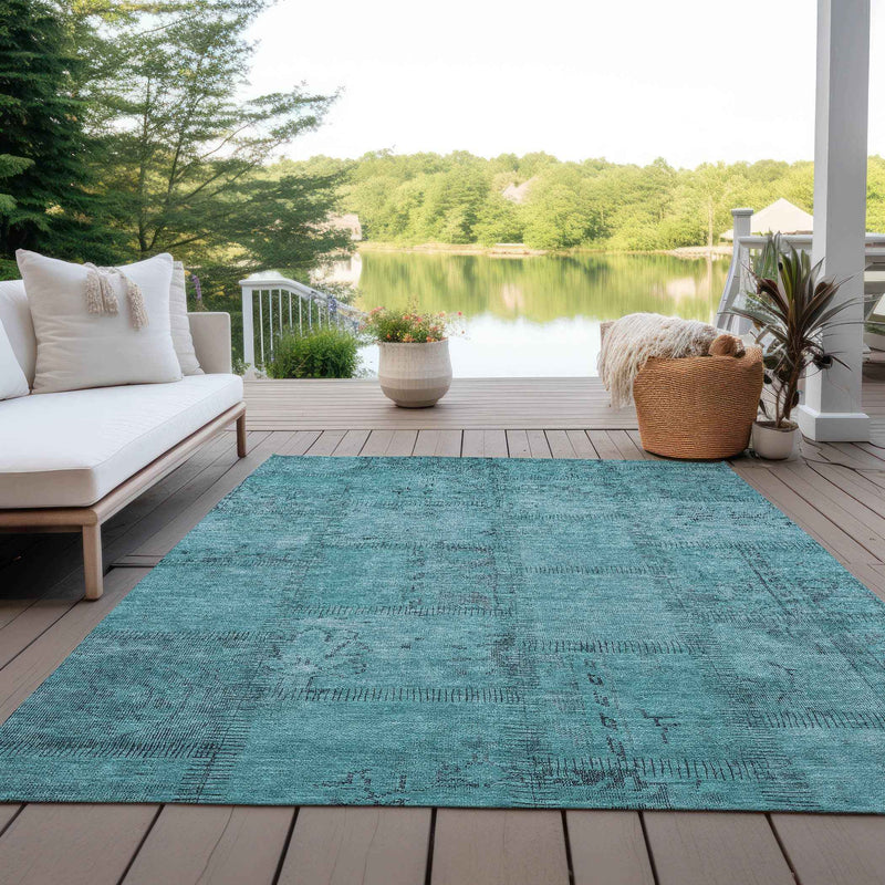 9' X 12' Teal Blue And Aqua Patchwork Washable Indoor Outdoor Area Rug