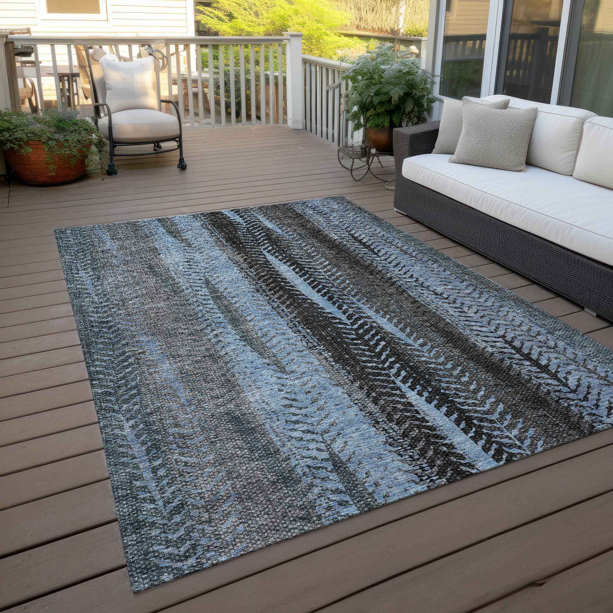 10' X 14' Blue Gray And Charcoal Botanical Leaves Washable Indoor Outdoor Area Rug