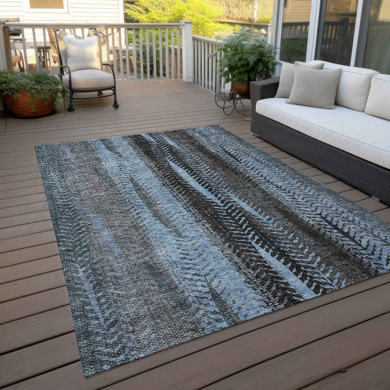 10' X 14' Blue Gray And Charcoal Botanical Leaves Washable Indoor Outdoor Area Rug