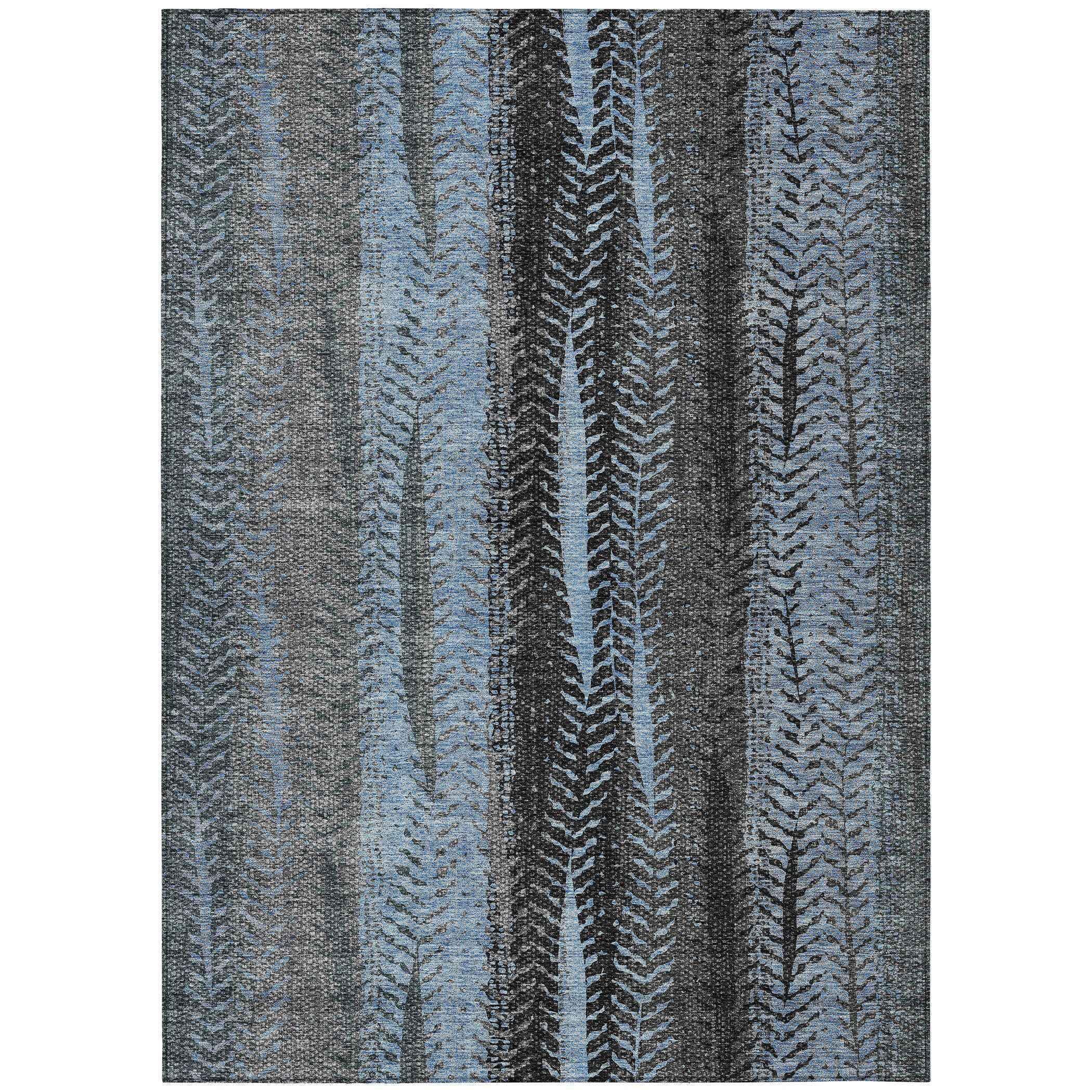 10' X 14' Blue Gray And Charcoal Botanical Leaves Washable Indoor Outdoor Area Rug