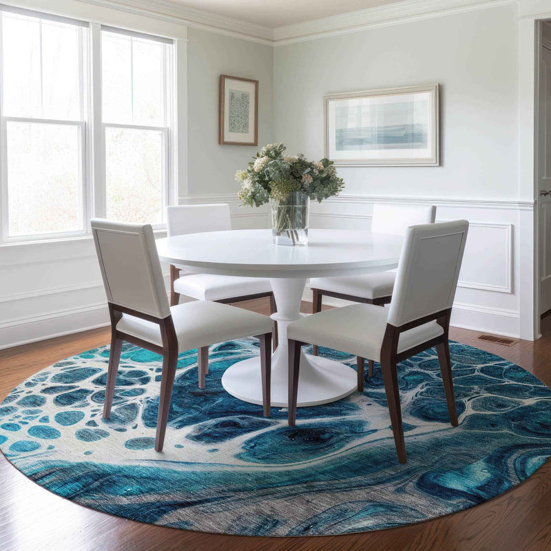 8' Teal Blue And Navy Blue Round Nautical Washable Indoor Outdoor Area Rug