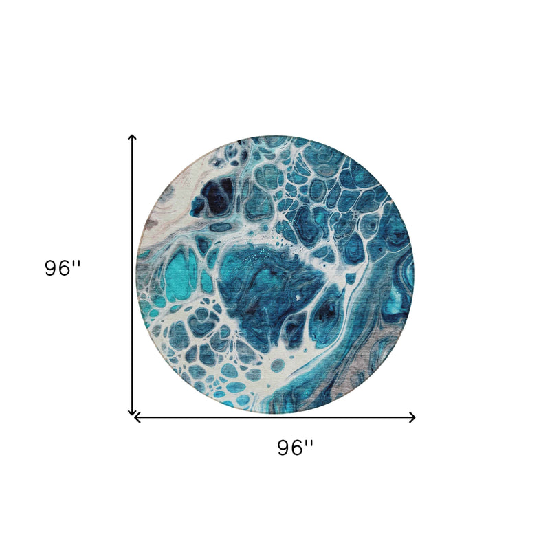 8' Teal Blue And Navy Blue Round Nautical Washable Indoor Outdoor Area Rug