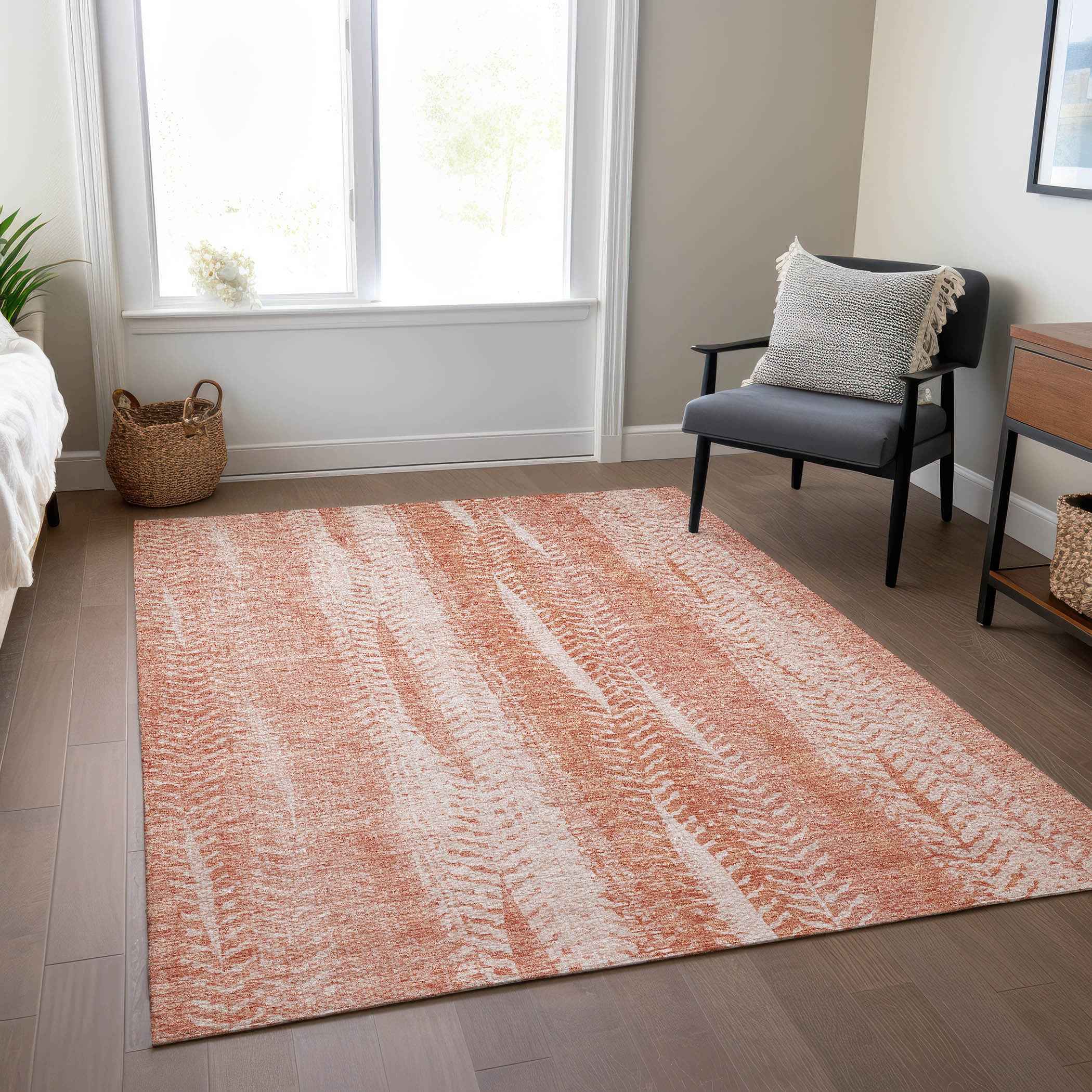 3' X 5' Orange And Salmon Botanical Leaves Washable Indoor Outdoor Area Rug