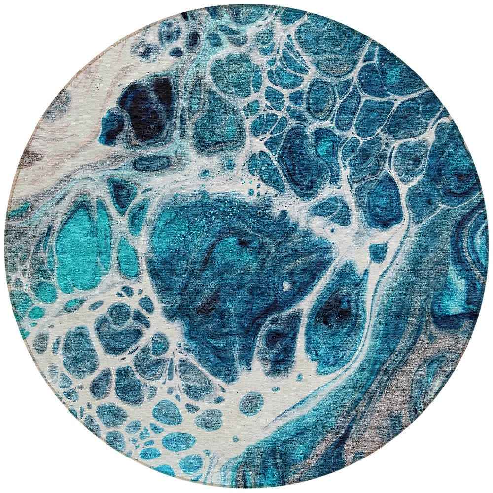 8' Teal Blue And Navy Blue Round Nautical Washable Indoor Outdoor Area Rug