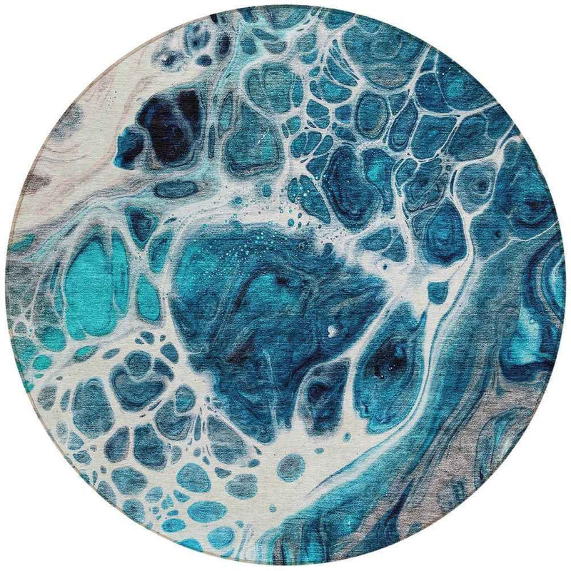 8' Teal Blue And Navy Blue Round Nautical Washable Indoor Outdoor Area Rug