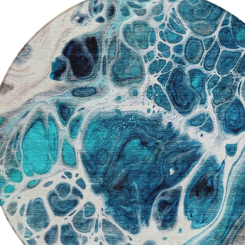 8' Teal Blue And Navy Blue Round Nautical Washable Indoor Outdoor Area Rug