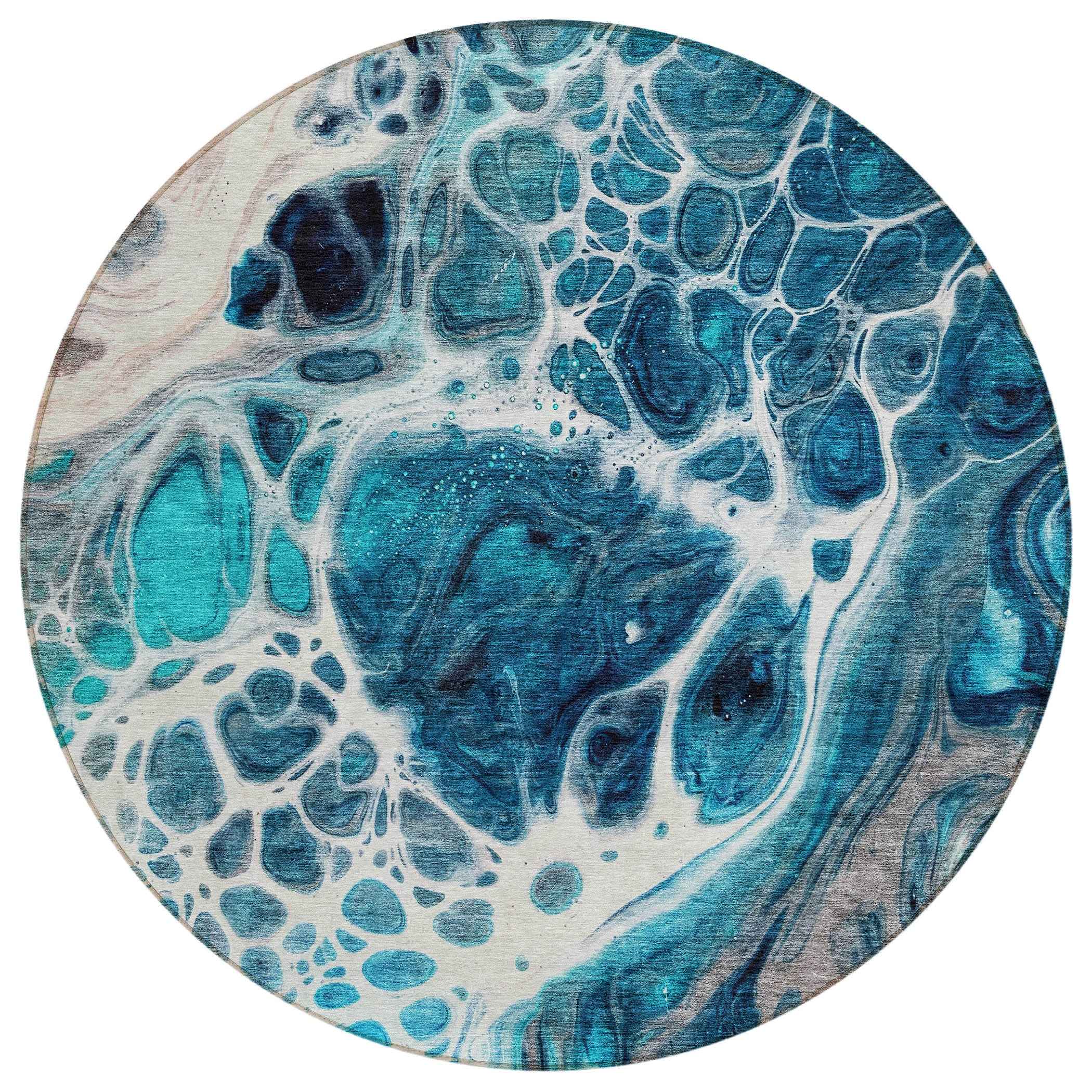 8' Teal Blue And Navy Blue Round Nautical Washable Indoor Outdoor Area Rug