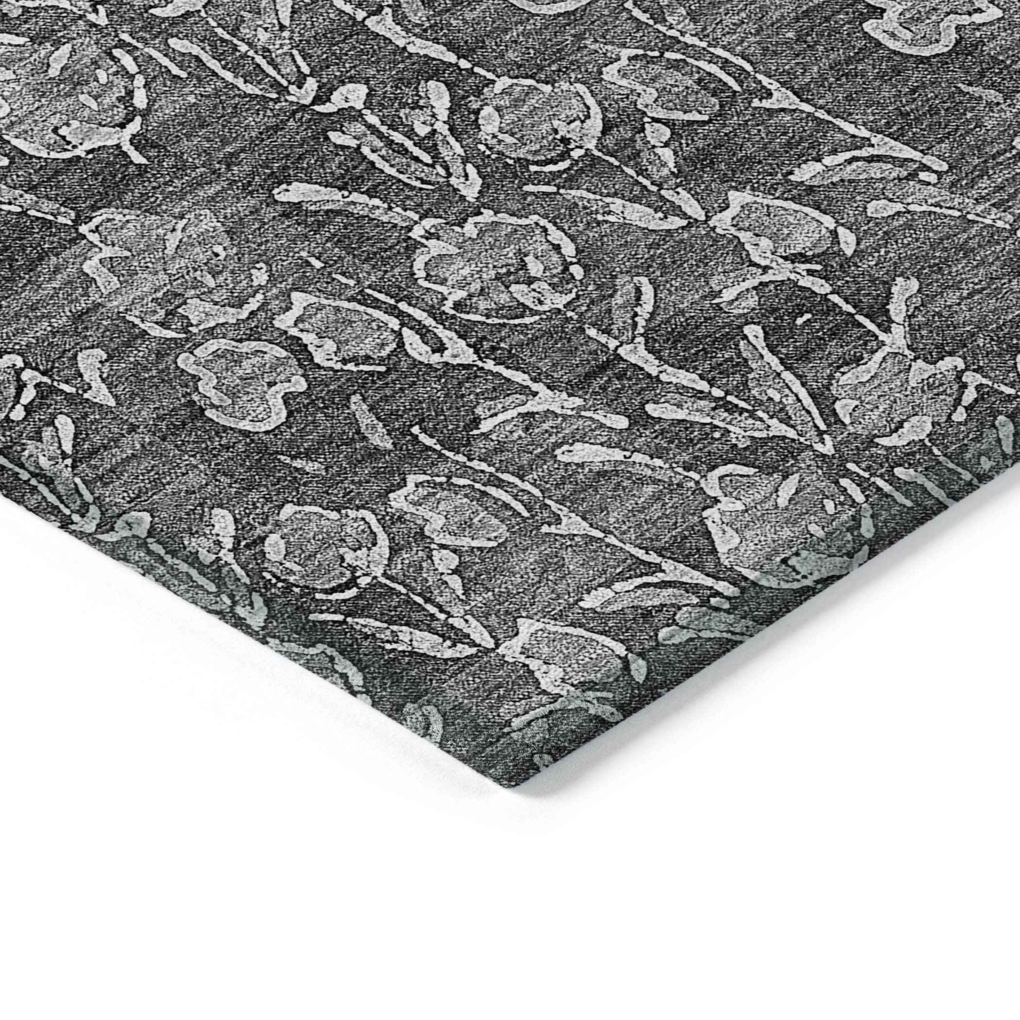 9' X 12' Gray Charcoal And Silver Floral Washable Indoor Outdoor Area Rug