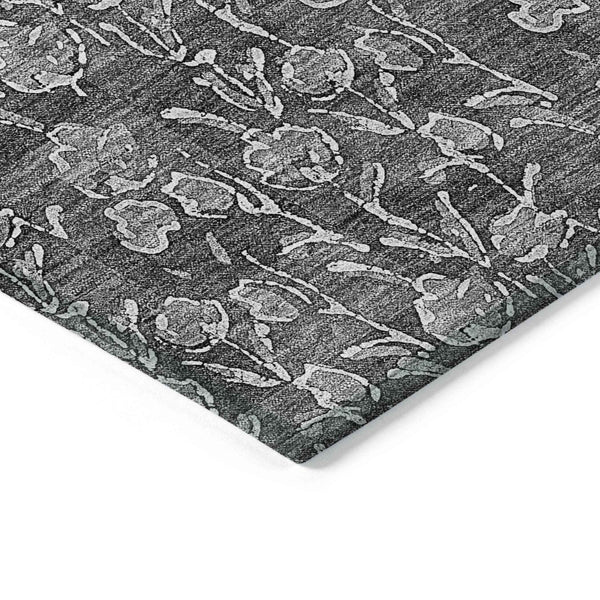9' X 12' Gray Charcoal And Silver Floral Washable Indoor Outdoor Area Rug