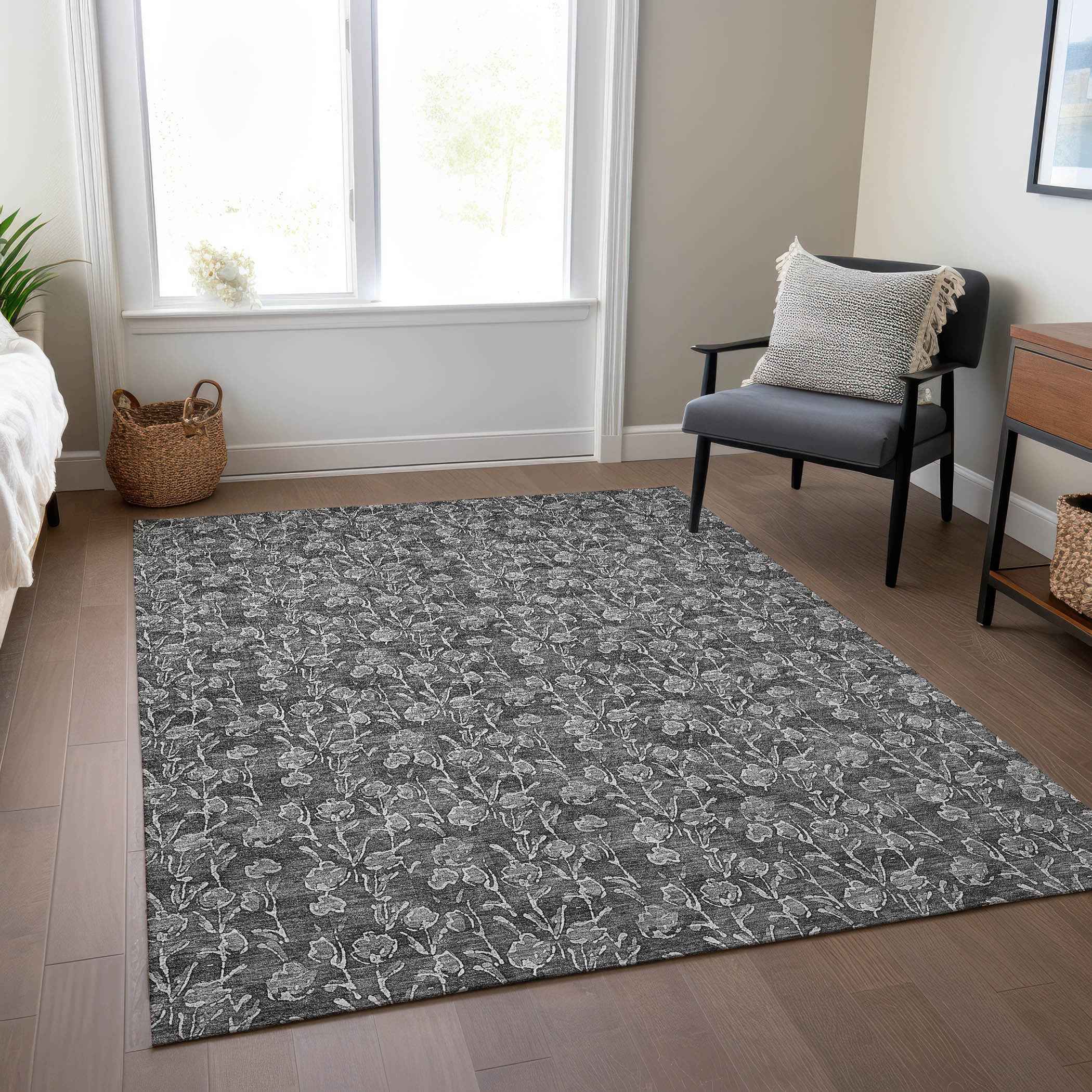 9' X 12' Gray Charcoal And Silver Floral Washable Indoor Outdoor Area Rug