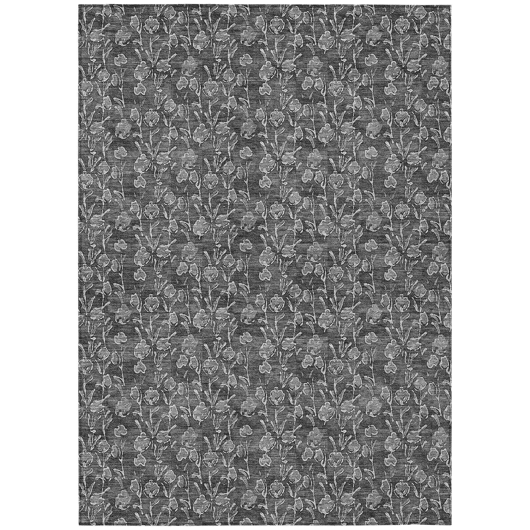 9' X 12' Gray Charcoal And Silver Floral Washable Indoor Outdoor Area Rug