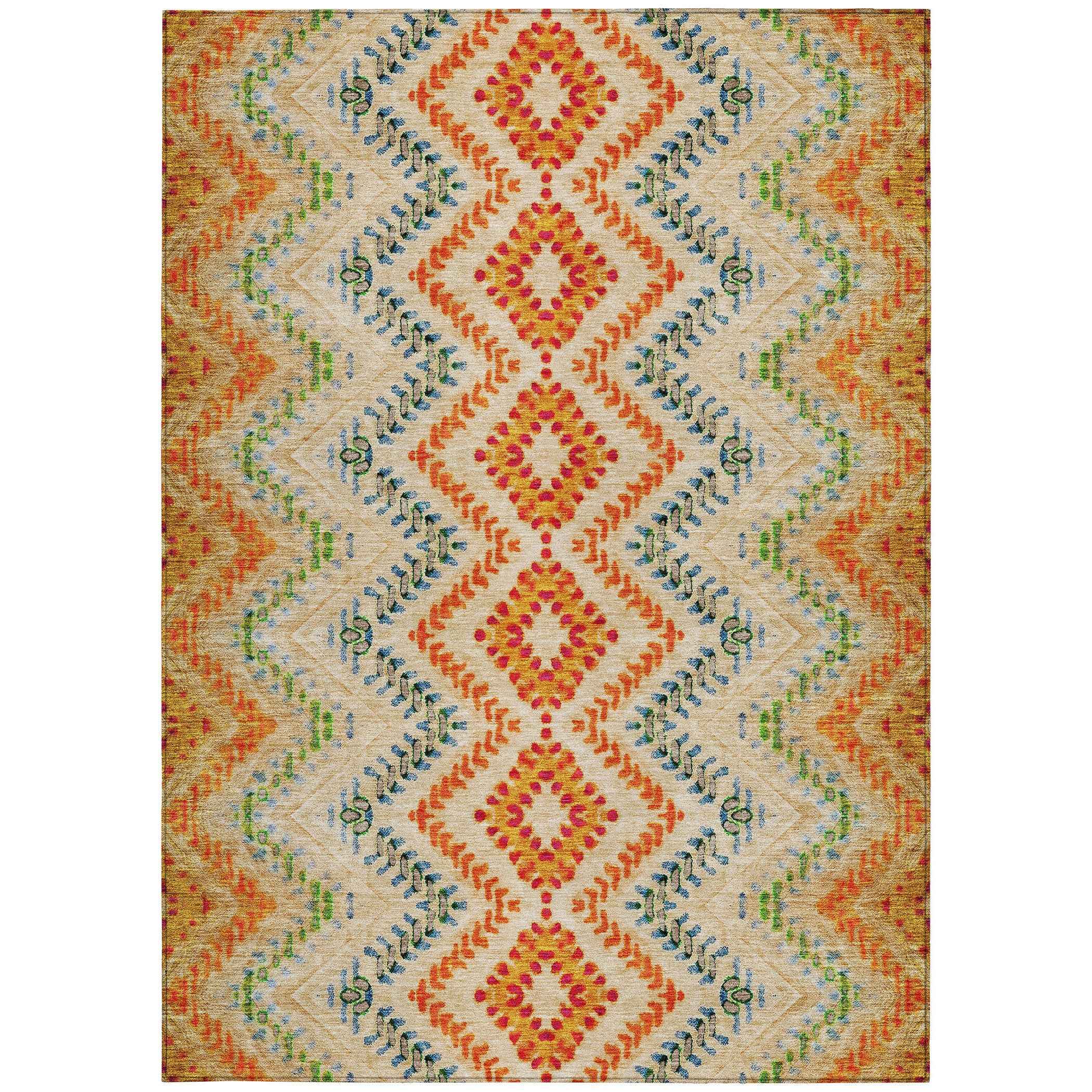 3' X 5' Beige Orange And Red Geometric Washable Indoor Outdoor Area Rug