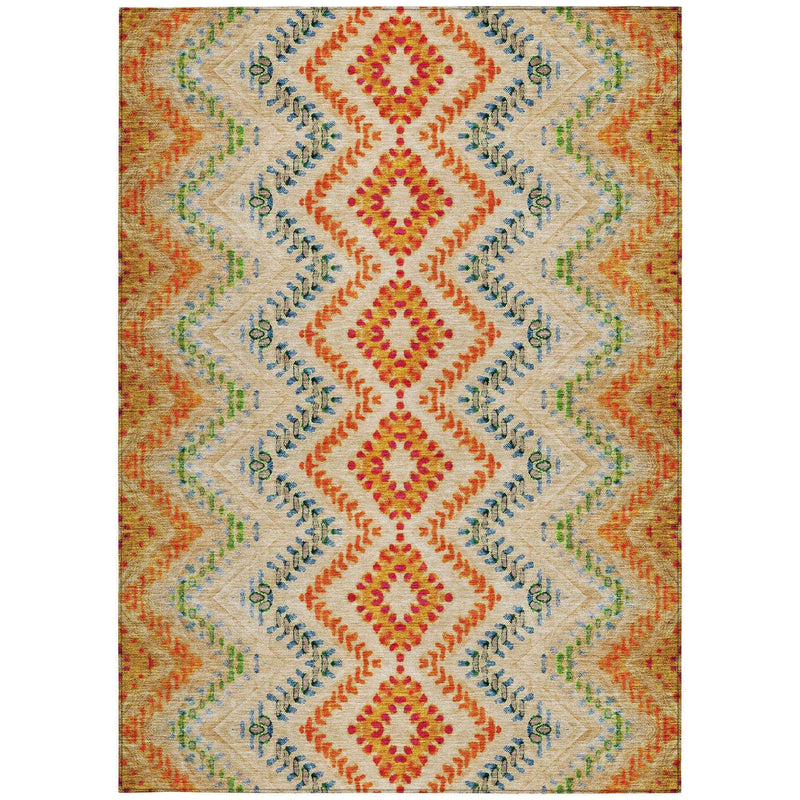3' X 5' Beige Orange And Red Geometric Washable Indoor Outdoor Area Rug