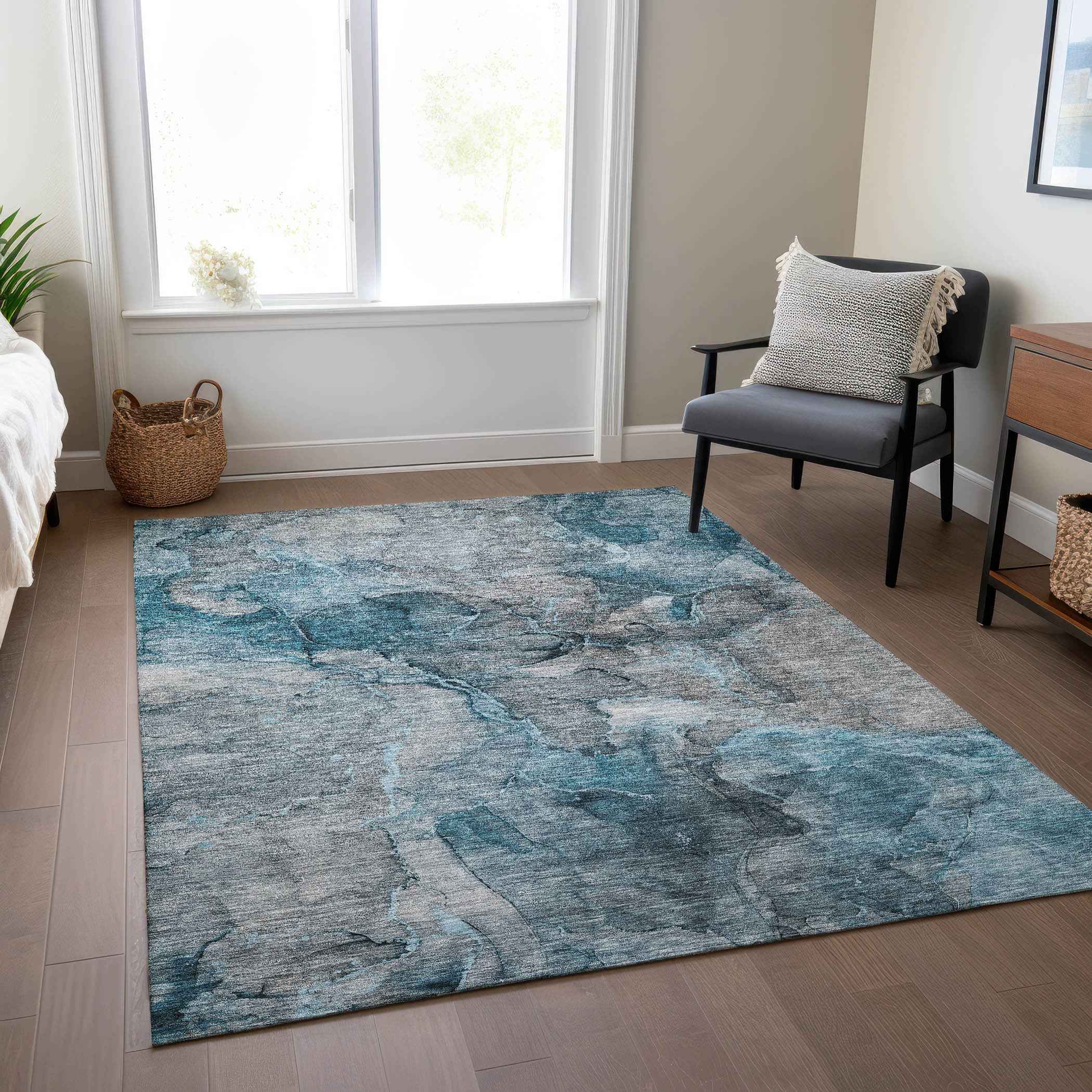 3' X 5' Teal Blue And Navy Blue Abstract Washable Indoor Outdoor Area Rug