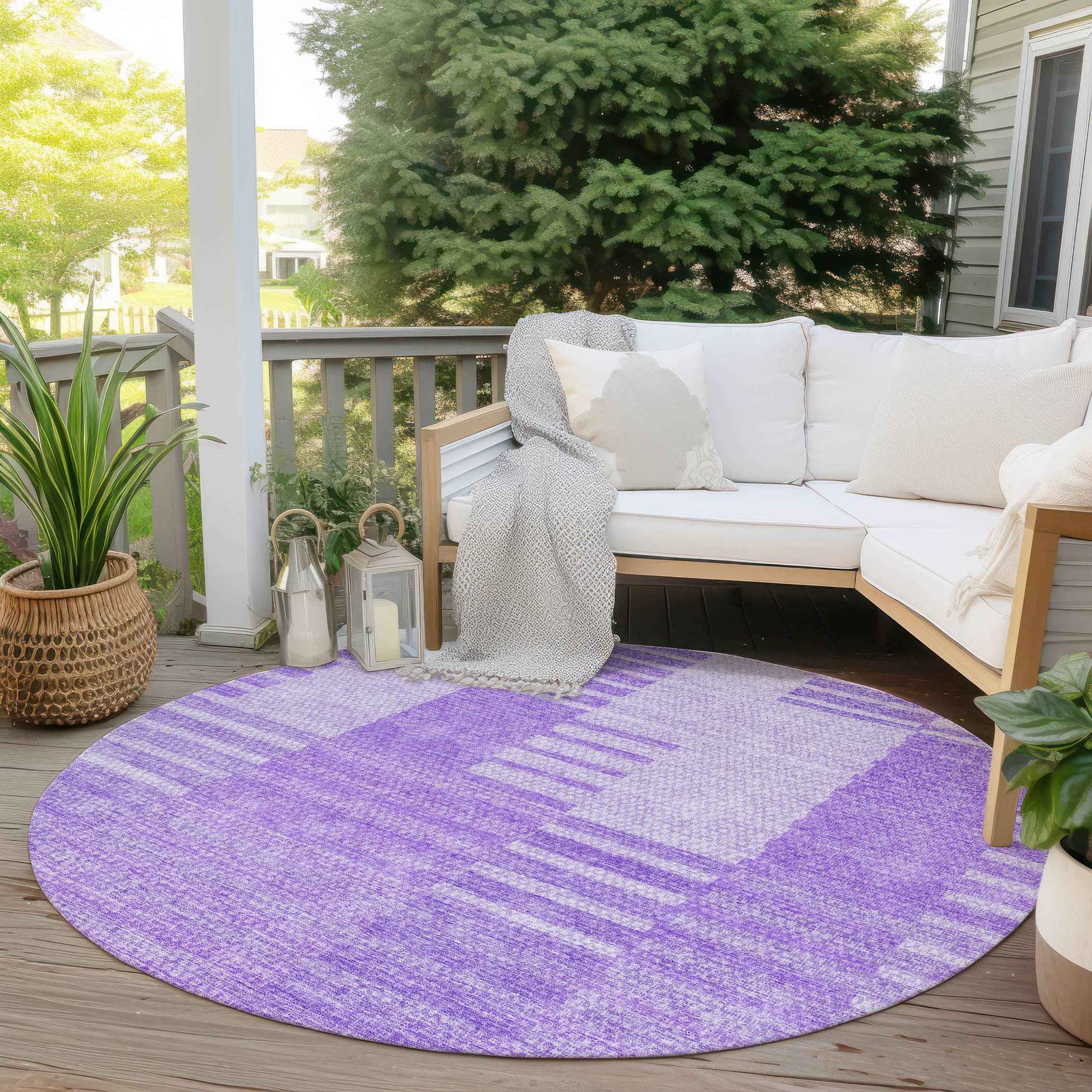 8' Lavender And Purple Round Striped Washable Indoor Outdoor Area Rug
