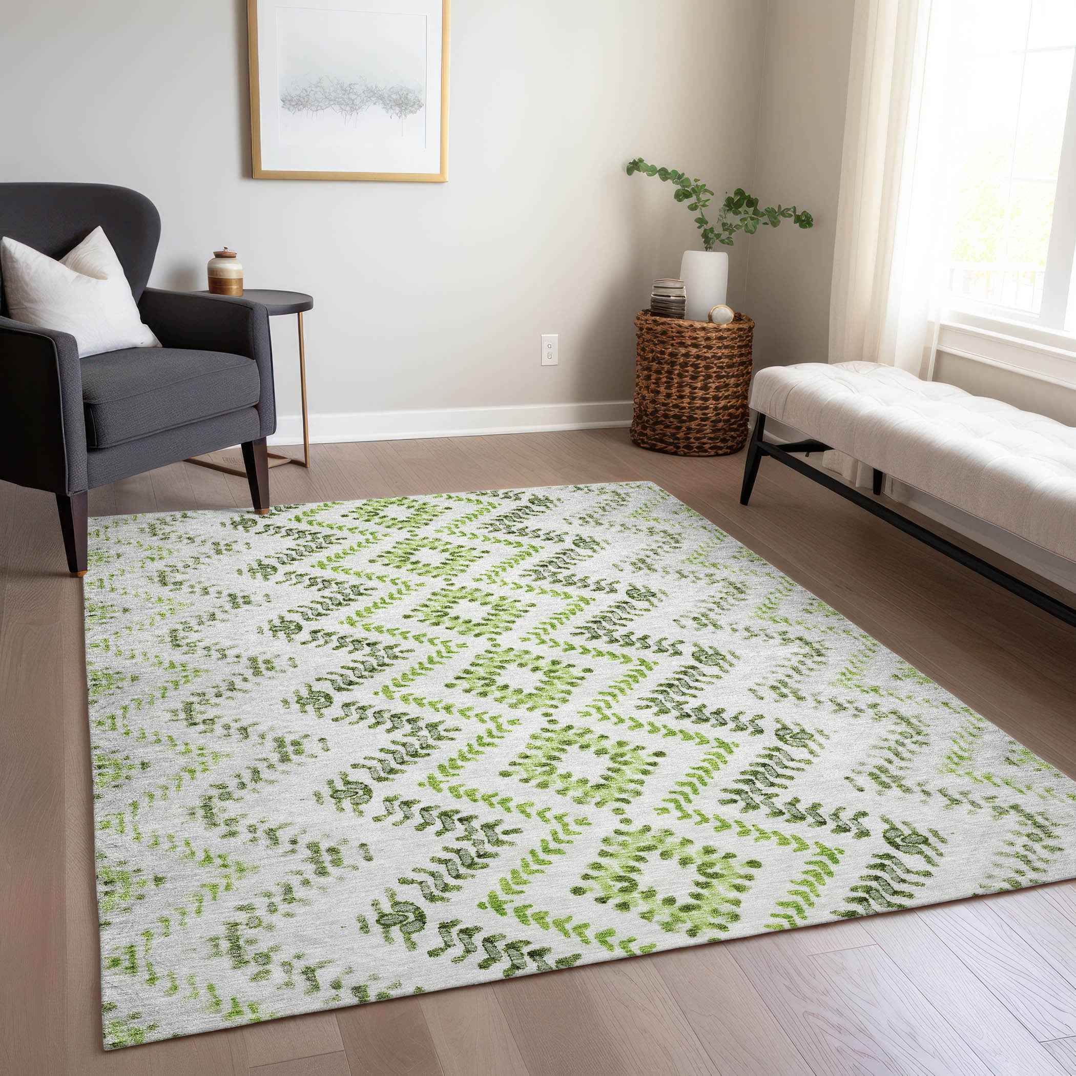 5' X 8' Green Ivory And Gray Geometric Washable Indoor Outdoor Area Rug