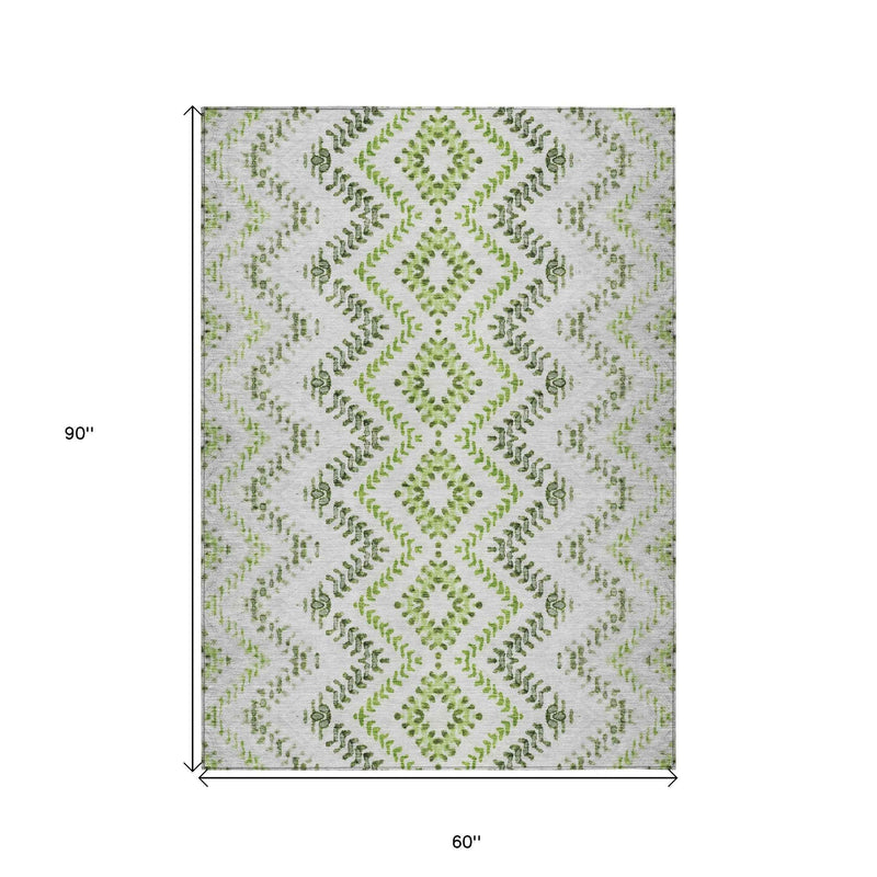 5' X 8' Green Ivory And Gray Geometric Washable Indoor Outdoor Area Rug