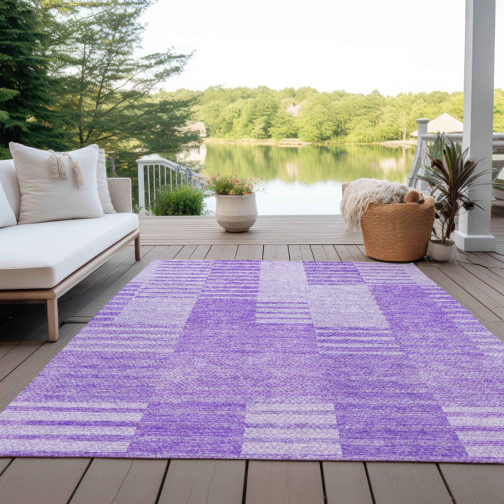 9' X 12' Lavender And Purple Striped Washable Indoor Outdoor Area Rug
