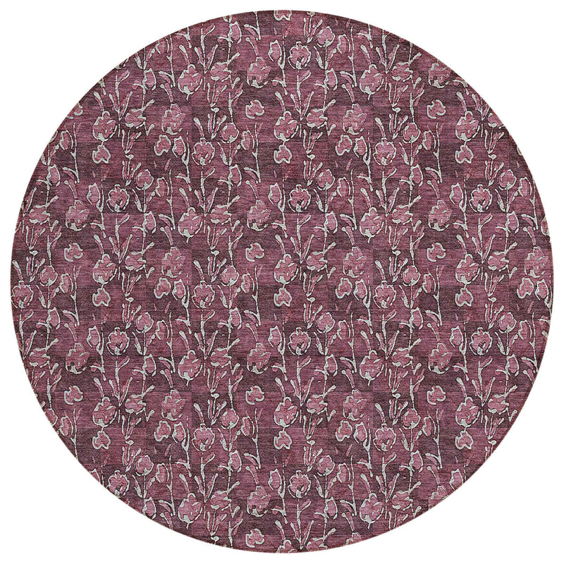 8' Merlot Mauve And Ivory Round Floral Washable Indoor Outdoor Area Rug