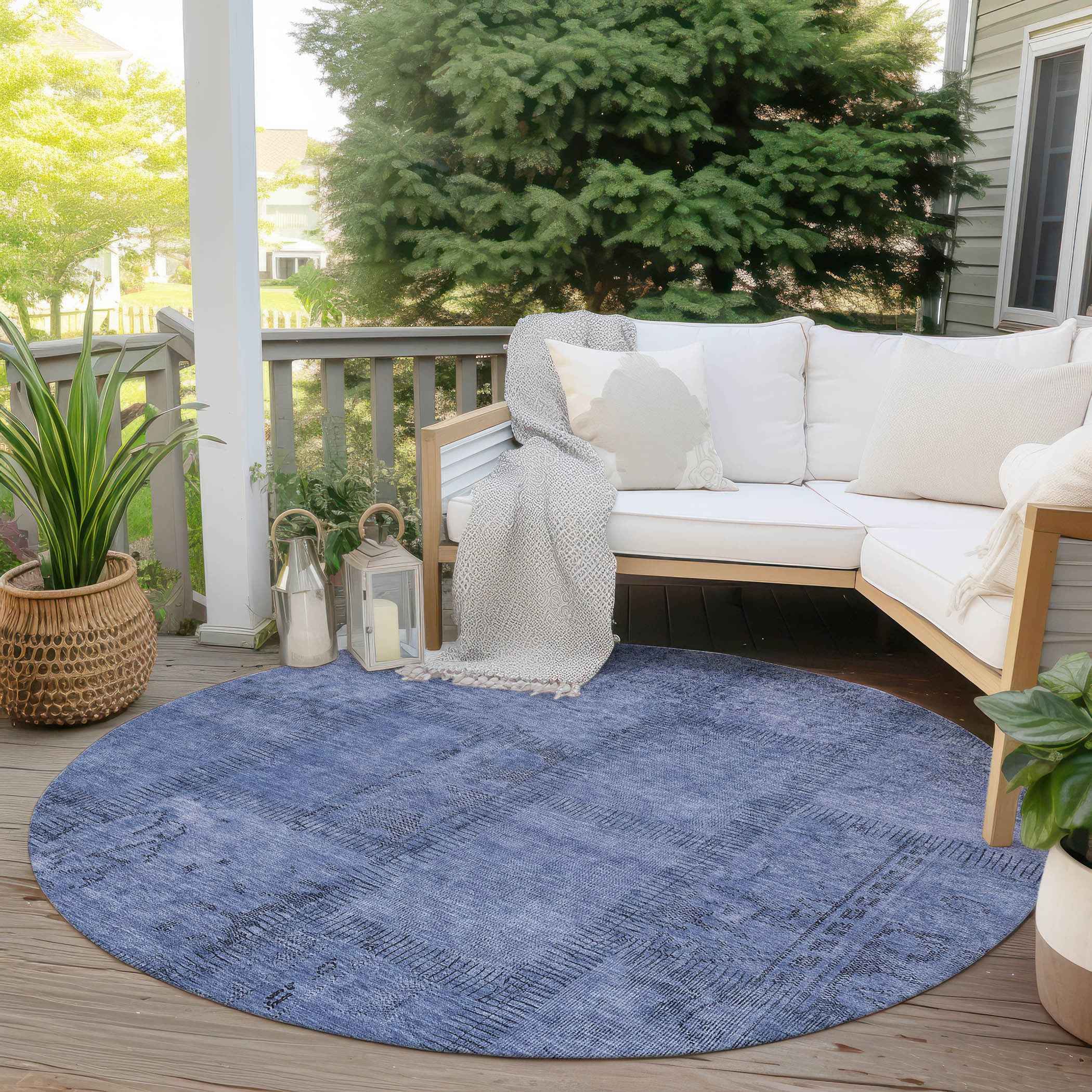 8' Denim Blue And Sky Blue Round Patchwork Washable Indoor Outdoor Area Rug
