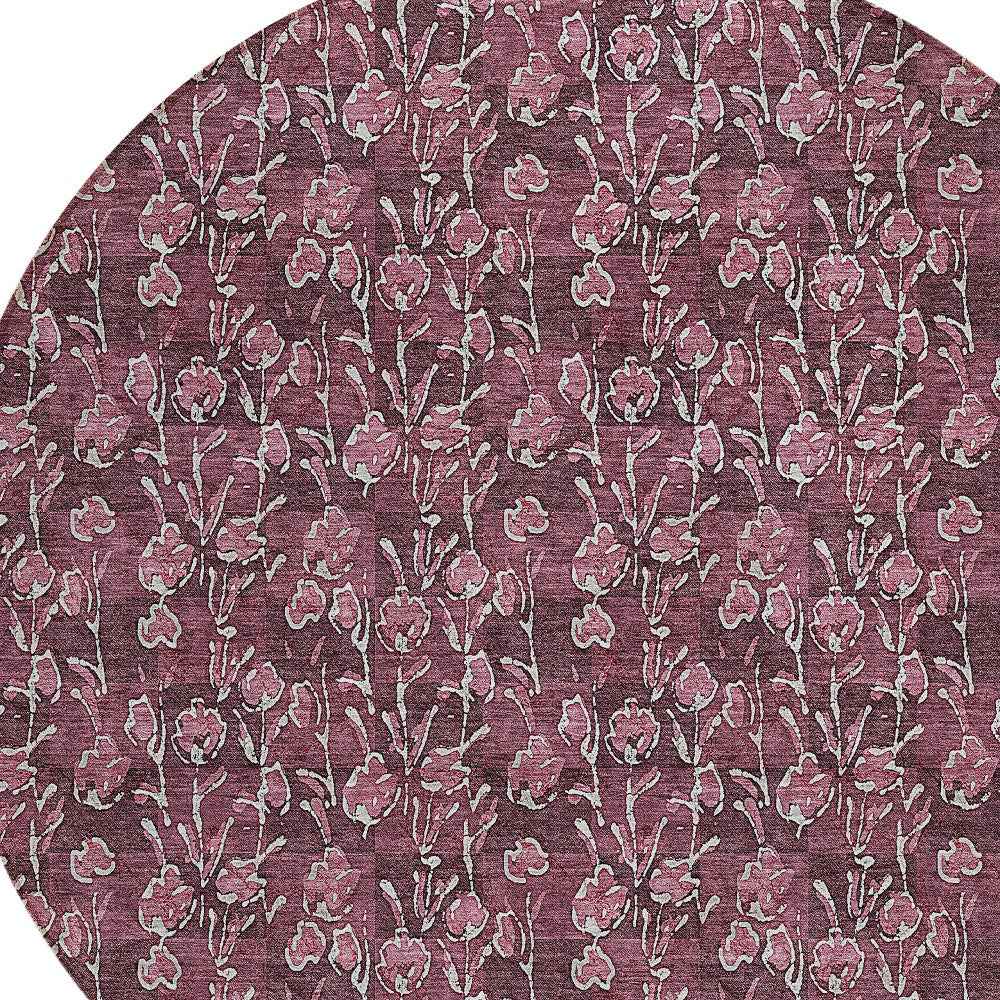 8' Merlot Mauve And Ivory Round Floral Washable Indoor Outdoor Area Rug