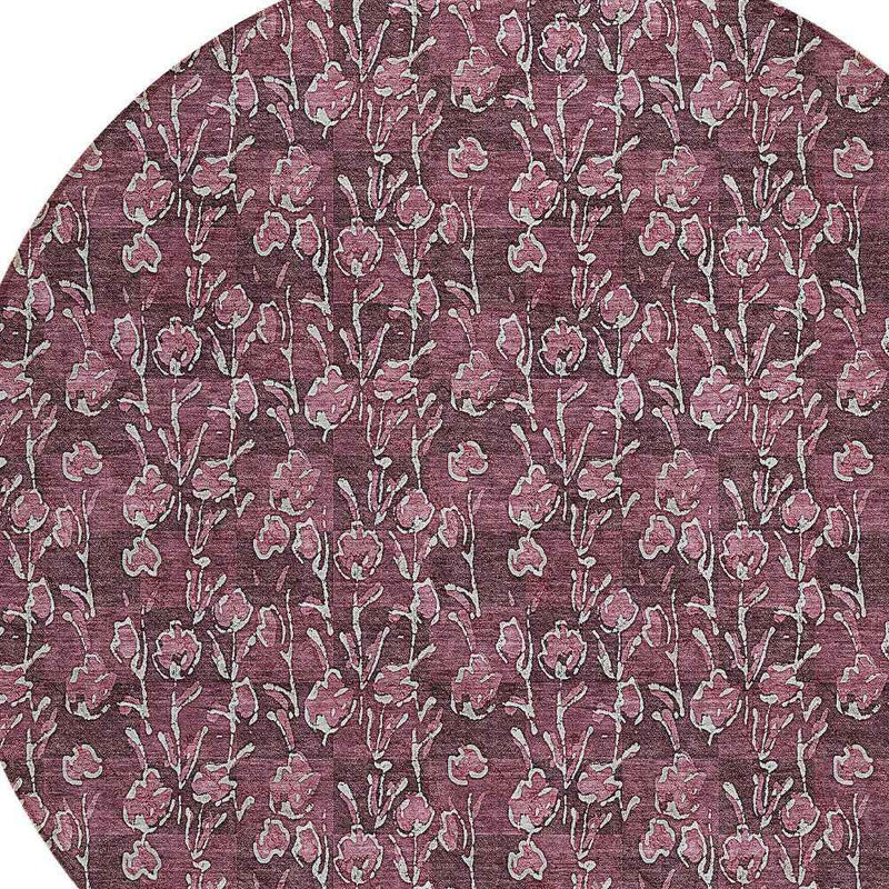8' Merlot Mauve And Ivory Round Floral Washable Indoor Outdoor Area Rug