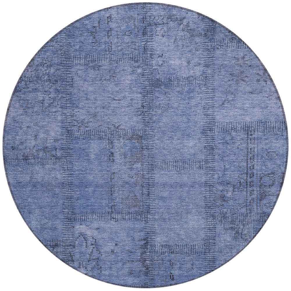 8' Denim Blue And Sky Blue Round Patchwork Washable Indoor Outdoor Area Rug