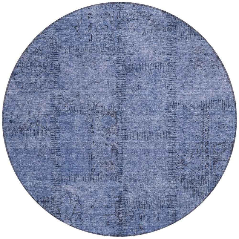 8' Denim Blue And Sky Blue Round Patchwork Washable Indoor Outdoor Area Rug