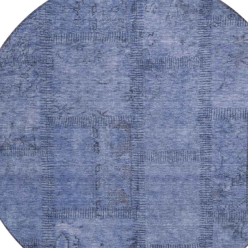 8' Denim Blue And Sky Blue Round Patchwork Washable Indoor Outdoor Area Rug