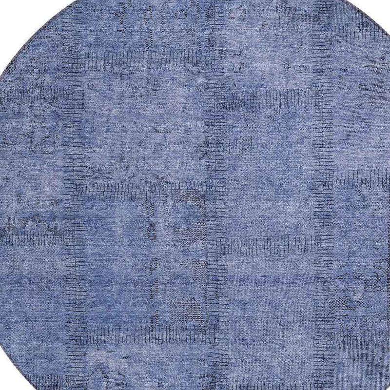 8' Denim Blue And Sky Blue Round Patchwork Washable Indoor Outdoor Area Rug
