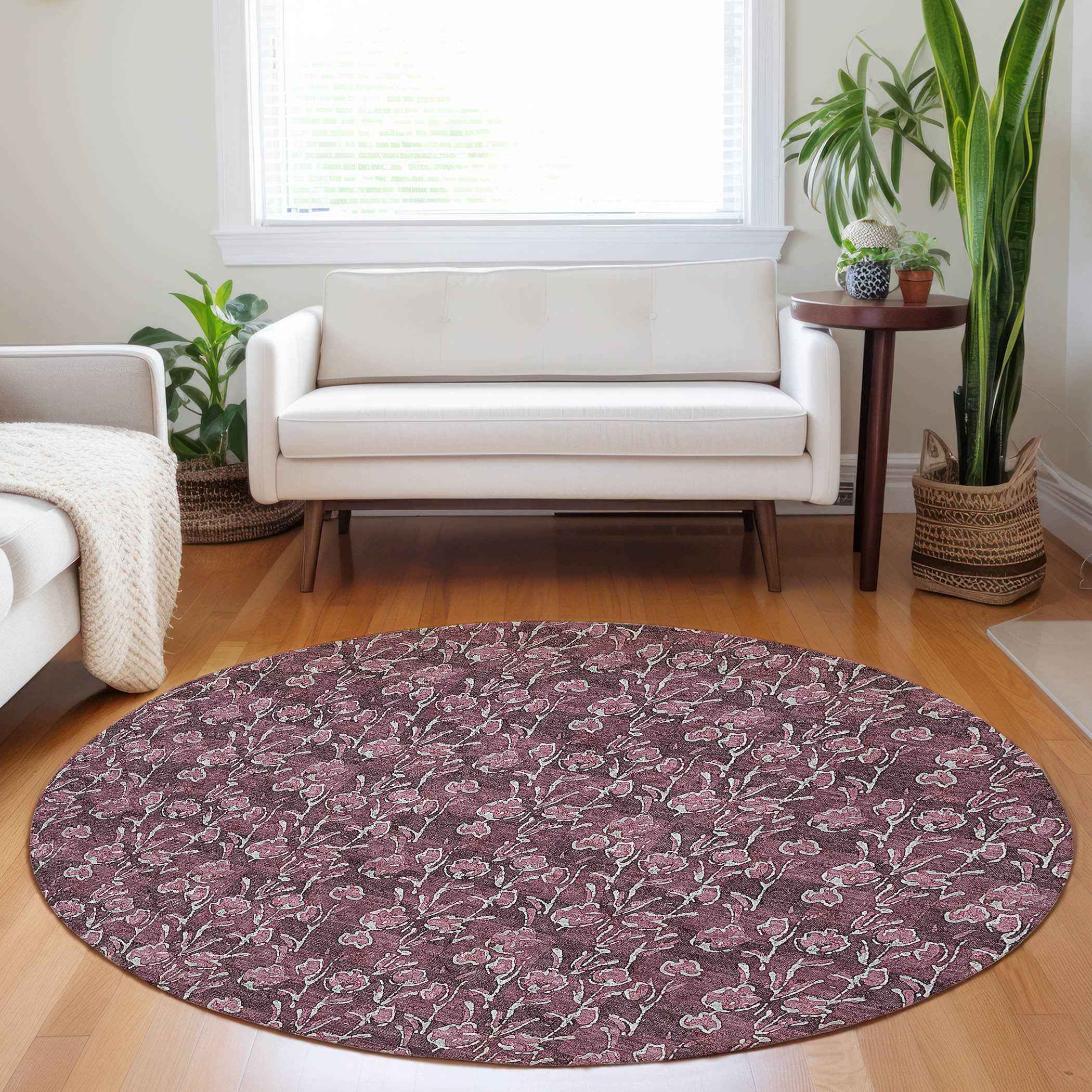 8' Merlot Mauve And Ivory Round Floral Washable Indoor Outdoor Area Rug