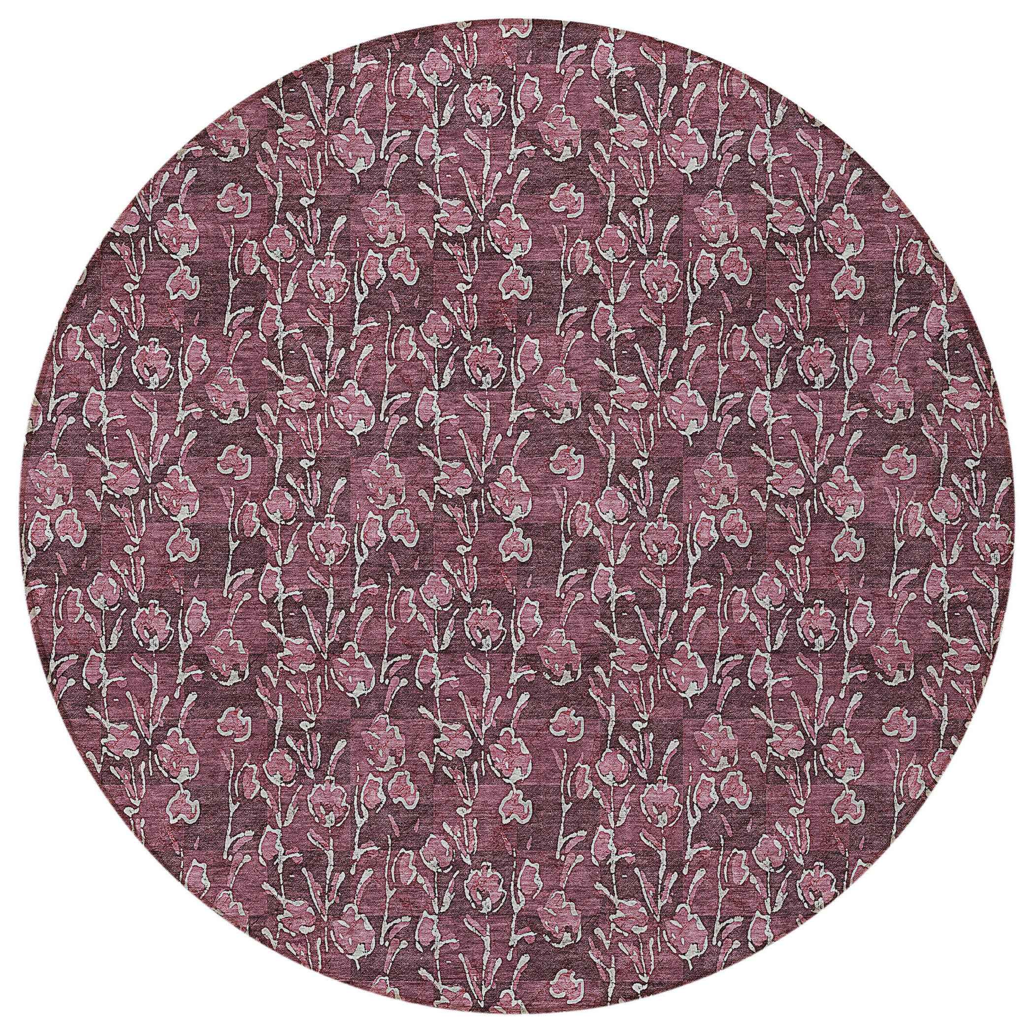 8' Merlot Mauve And Ivory Round Floral Washable Indoor Outdoor Area Rug