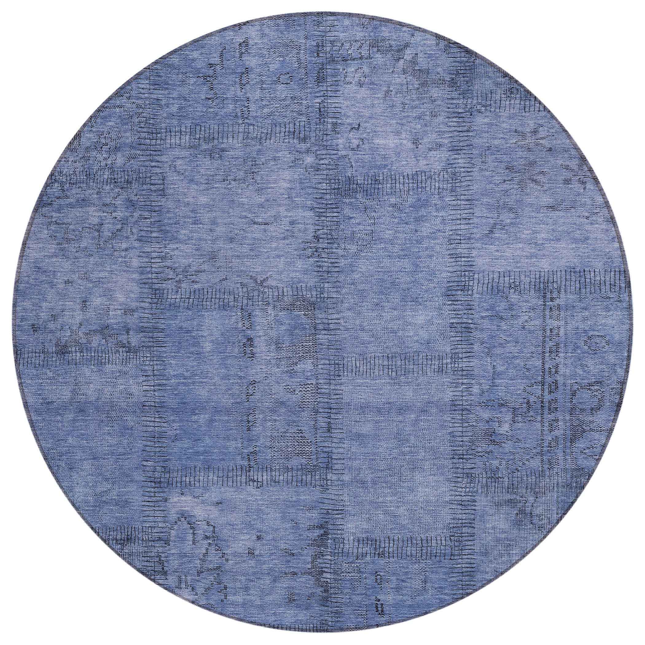 8' Denim Blue And Sky Blue Round Patchwork Washable Indoor Outdoor Area Rug
