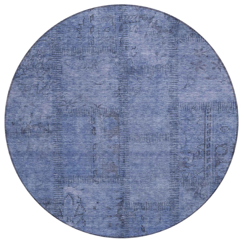 8' Denim Blue And Sky Blue Round Patchwork Washable Indoor Outdoor Area Rug