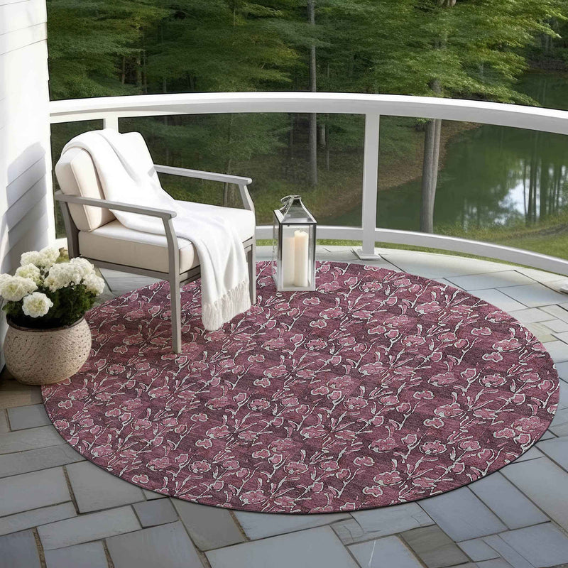 8' Merlot Mauve And Ivory Round Floral Washable Indoor Outdoor Area Rug