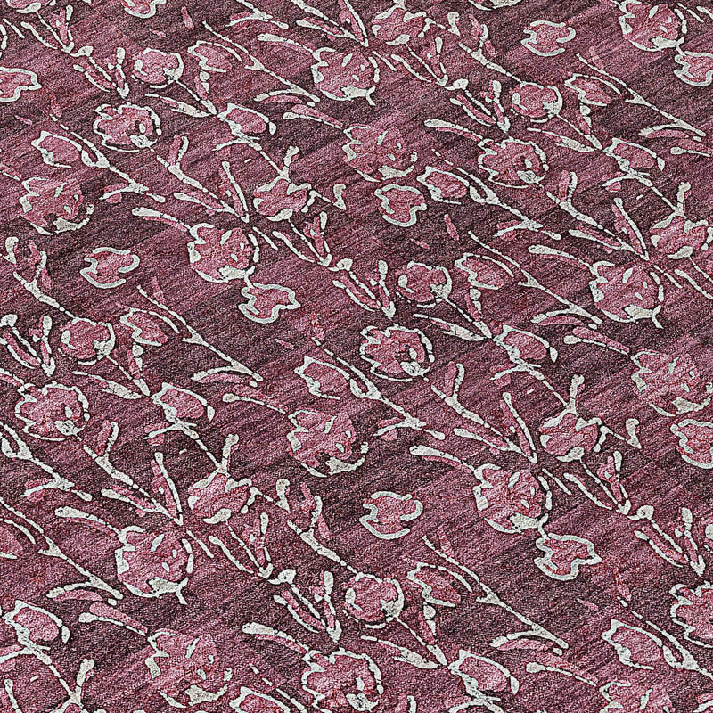 8' Merlot Mauve And Ivory Round Floral Washable Indoor Outdoor Area Rug