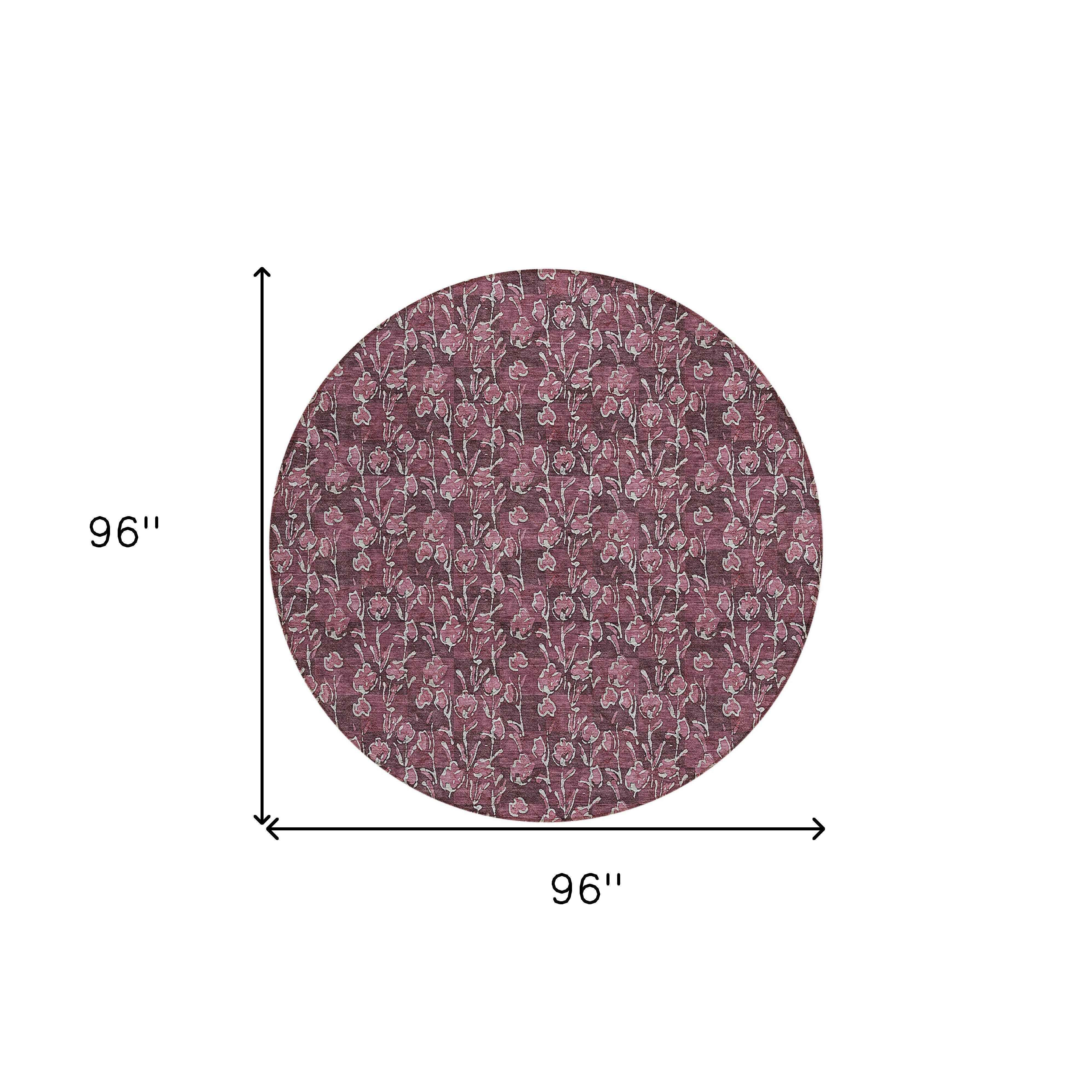 8' Merlot Mauve And Ivory Round Floral Washable Indoor Outdoor Area Rug