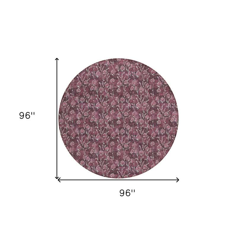 8' Merlot Mauve And Ivory Round Floral Washable Indoor Outdoor Area Rug