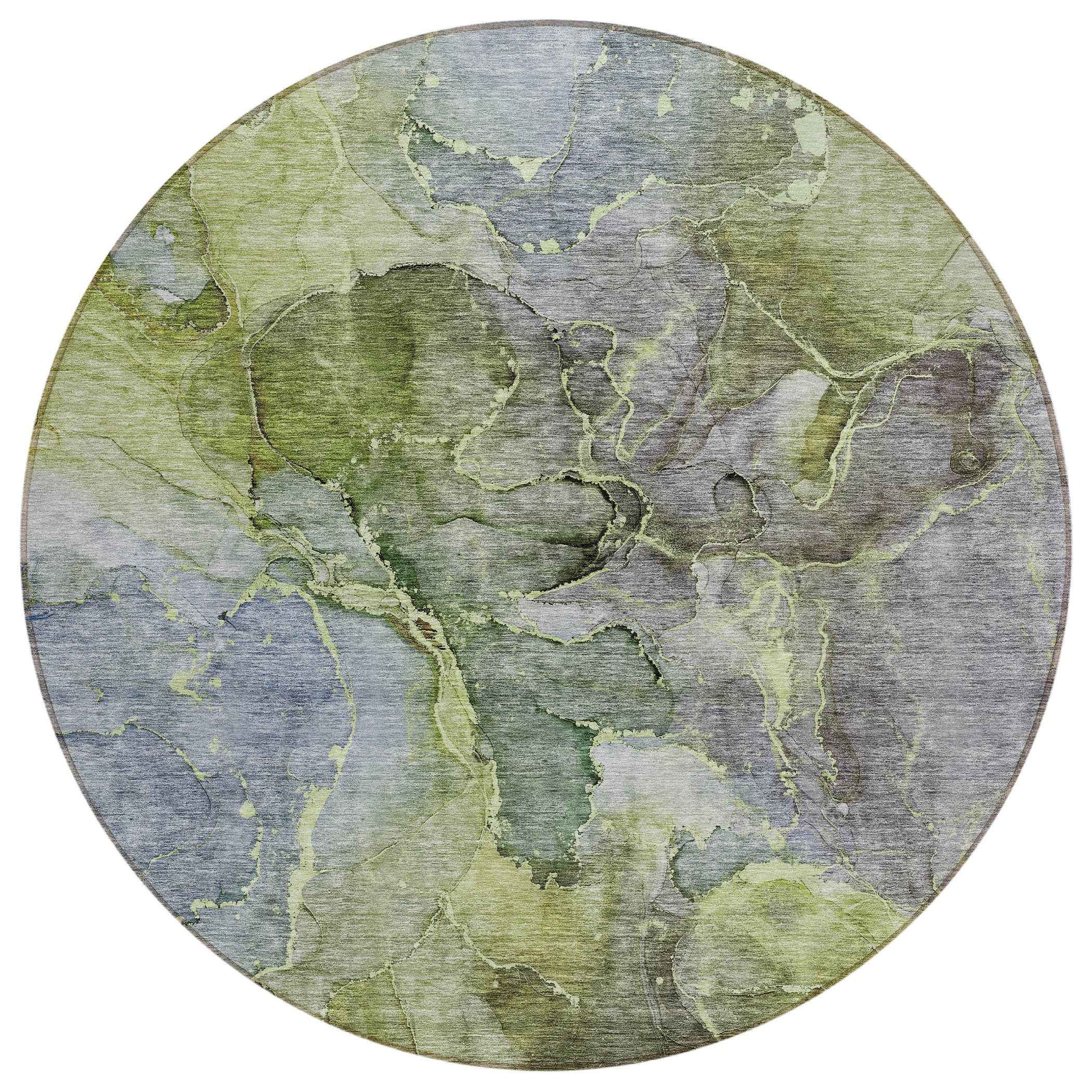 8' Olive Green And Gray Round Abstract Washable Indoor Outdoor Area Rug