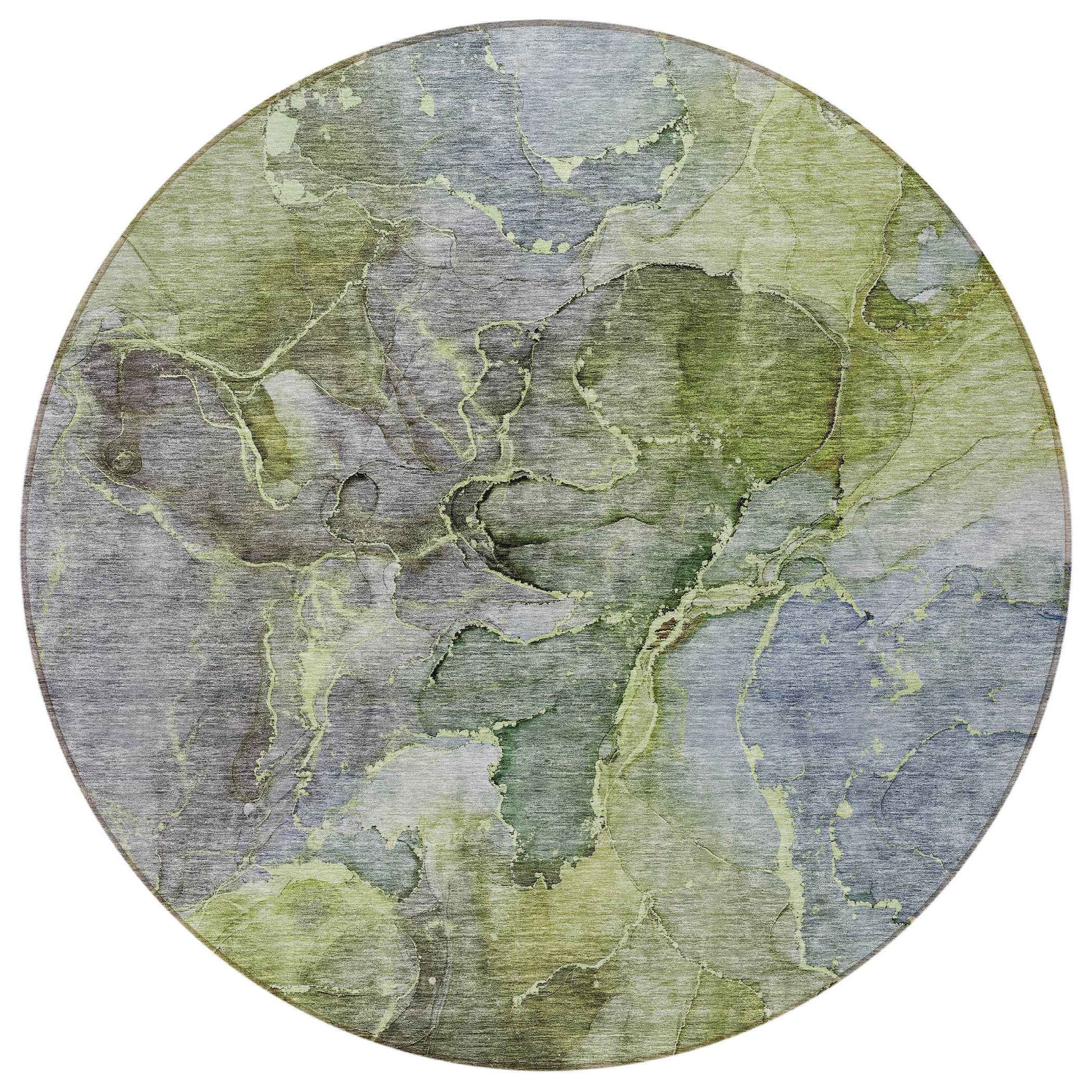 8' Olive Green And Gray Round Abstract Washable Indoor Outdoor Area Rug
