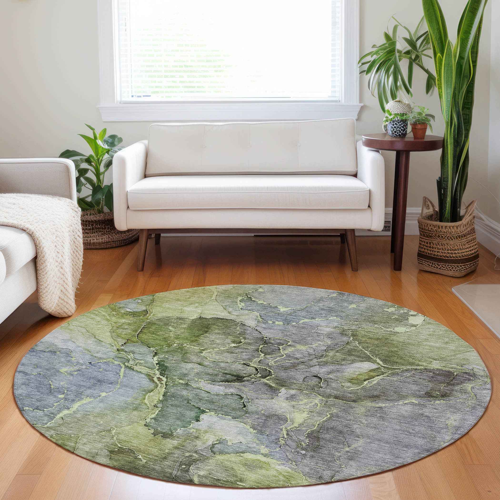 8' Olive Green And Gray Round Abstract Washable Indoor Outdoor Area Rug