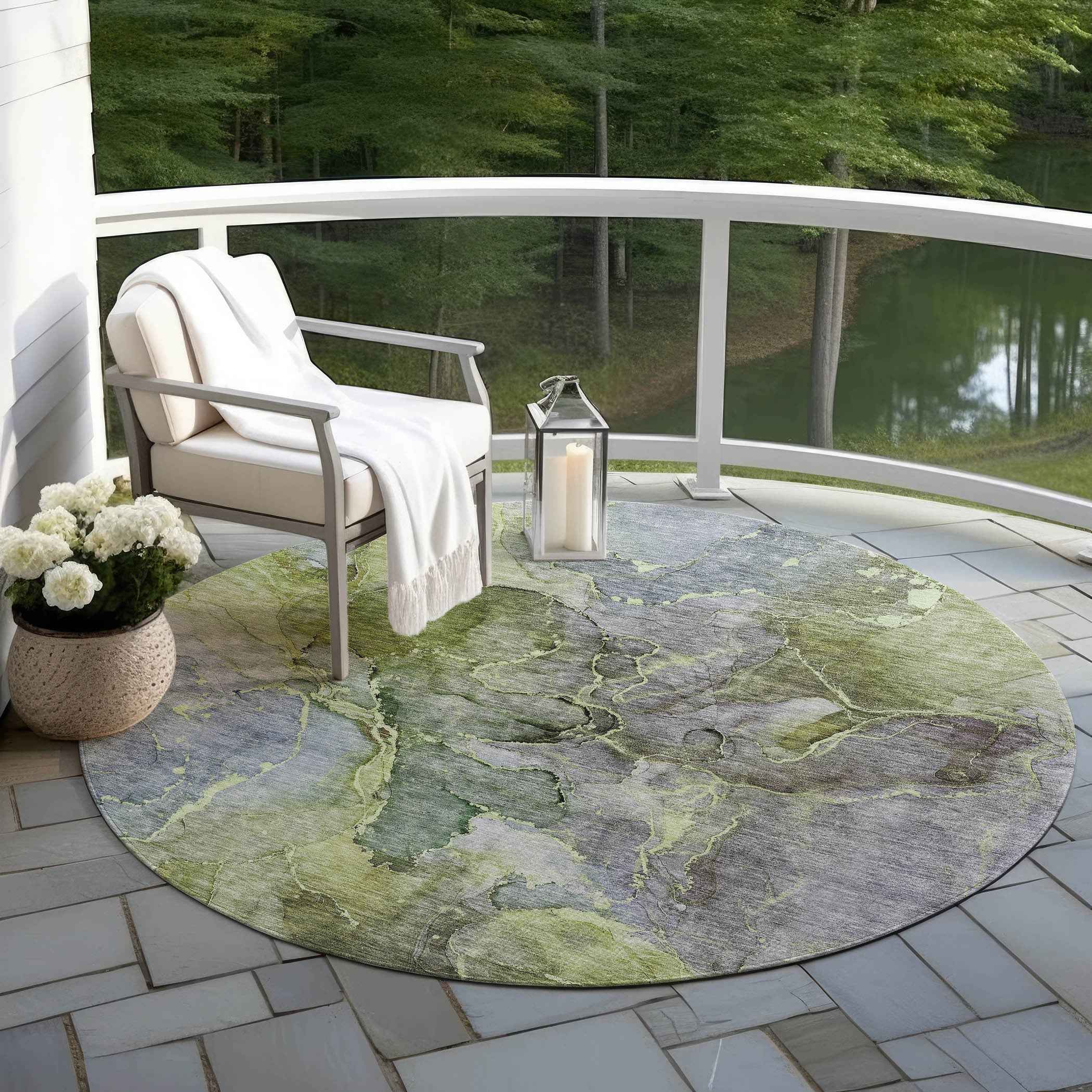 8' Olive Green And Gray Round Abstract Washable Indoor Outdoor Area Rug